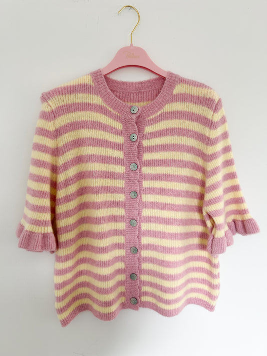 Strickjacke kurzärmlig gestreift gelb rosa
