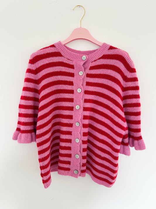 Strickjacke kurzärmlig pink rot gestreift